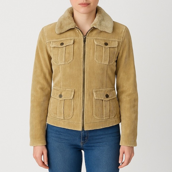 Vintage Esprit Corduroy Jacket M Sherpa Collar Faux Fur 90s Y2K Utility Coat - Picture 1 of 13